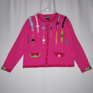 Berek 90s Cardigan Womens XL Pink Knit Button Embroidered Watch Clock Artsy Vtg